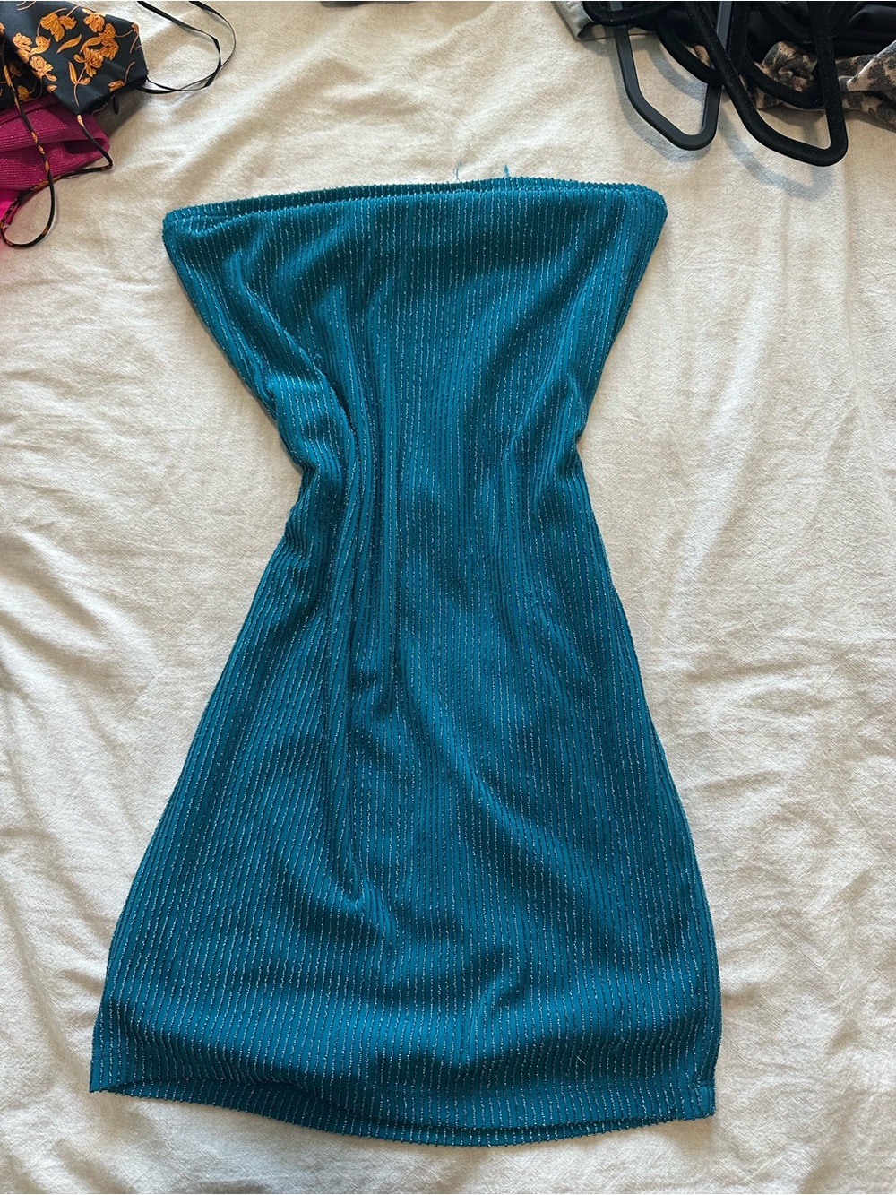 Forever 21 Teal Strapless Metallic Ribbed Bodycon Dress